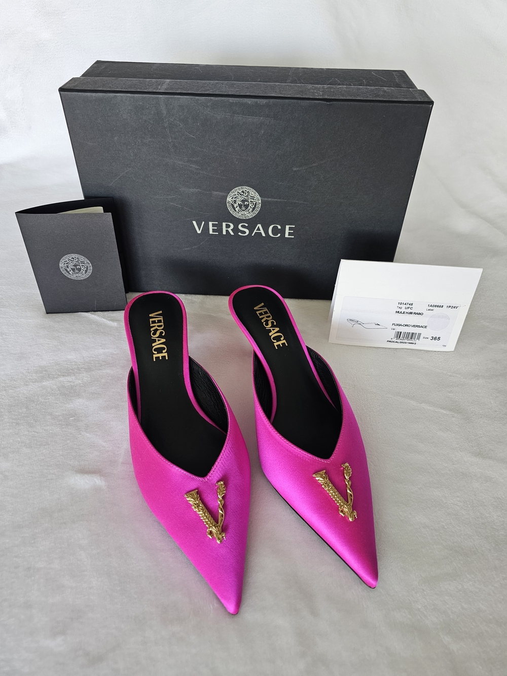 Versace Fuchsia Satin Pointed Mules with Gold V Accent